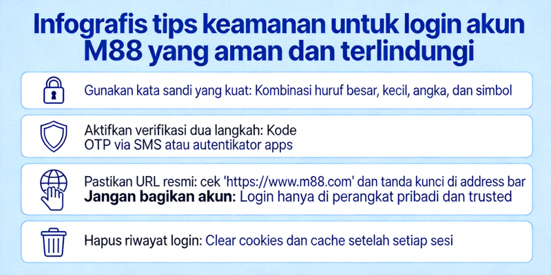 Infografis tips keamanan untuk login akun M88 yang aman dan terlindungi