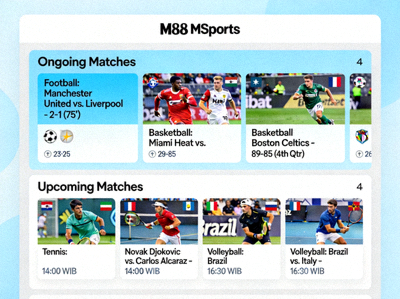 Tampilan overview halaman utama M88 MSports dengan daftar pertandingan olahraga yang sedang berlangsung dan mendatang